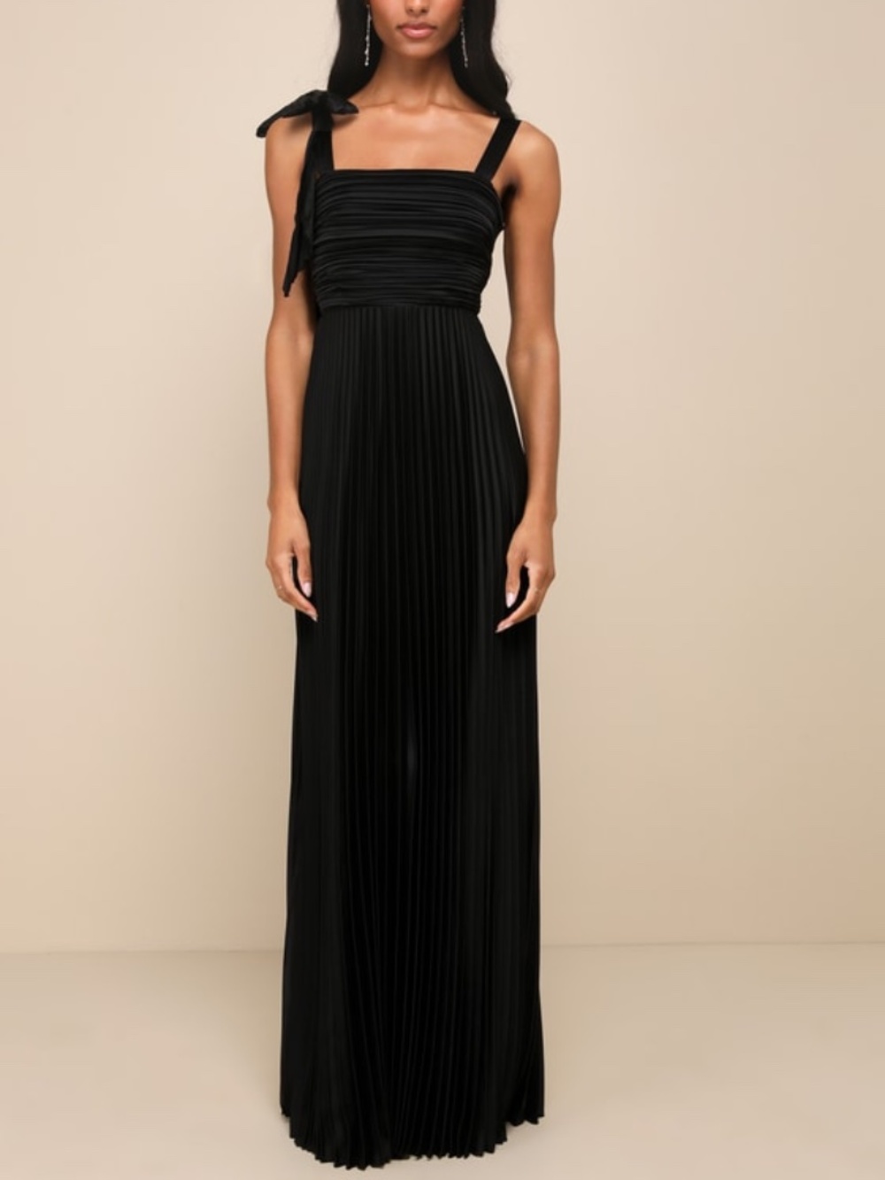 Lulus Gorgeous Purpose Black Satin Pleated Sleeveless Bow Maxi Dress - Size S